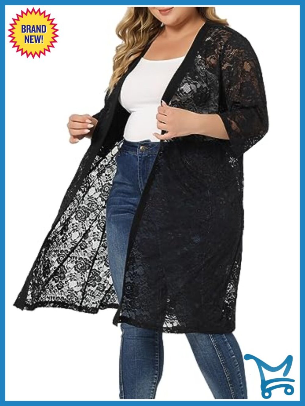 Plus Size Lace Cardigan 3/4 Sleeve Open Front Cover Up Kimono